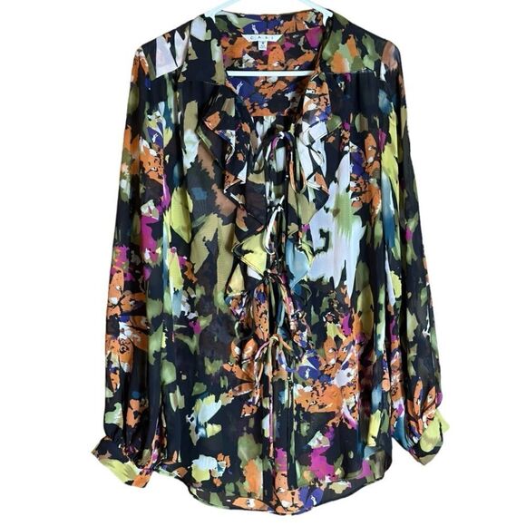 CAbi Floral Tie Front Ruffle Floral Long Sleeve Semi Sheer Blouse Size Small 📦 - Picture 3 of 9